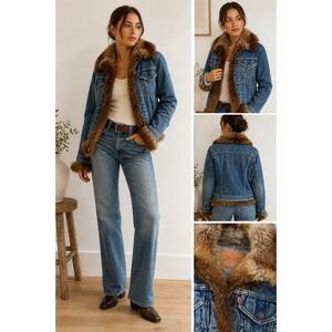 Vintage Levis Custom Real Fox Fur Trim Denim Trucker Jacket Blue Womens Small